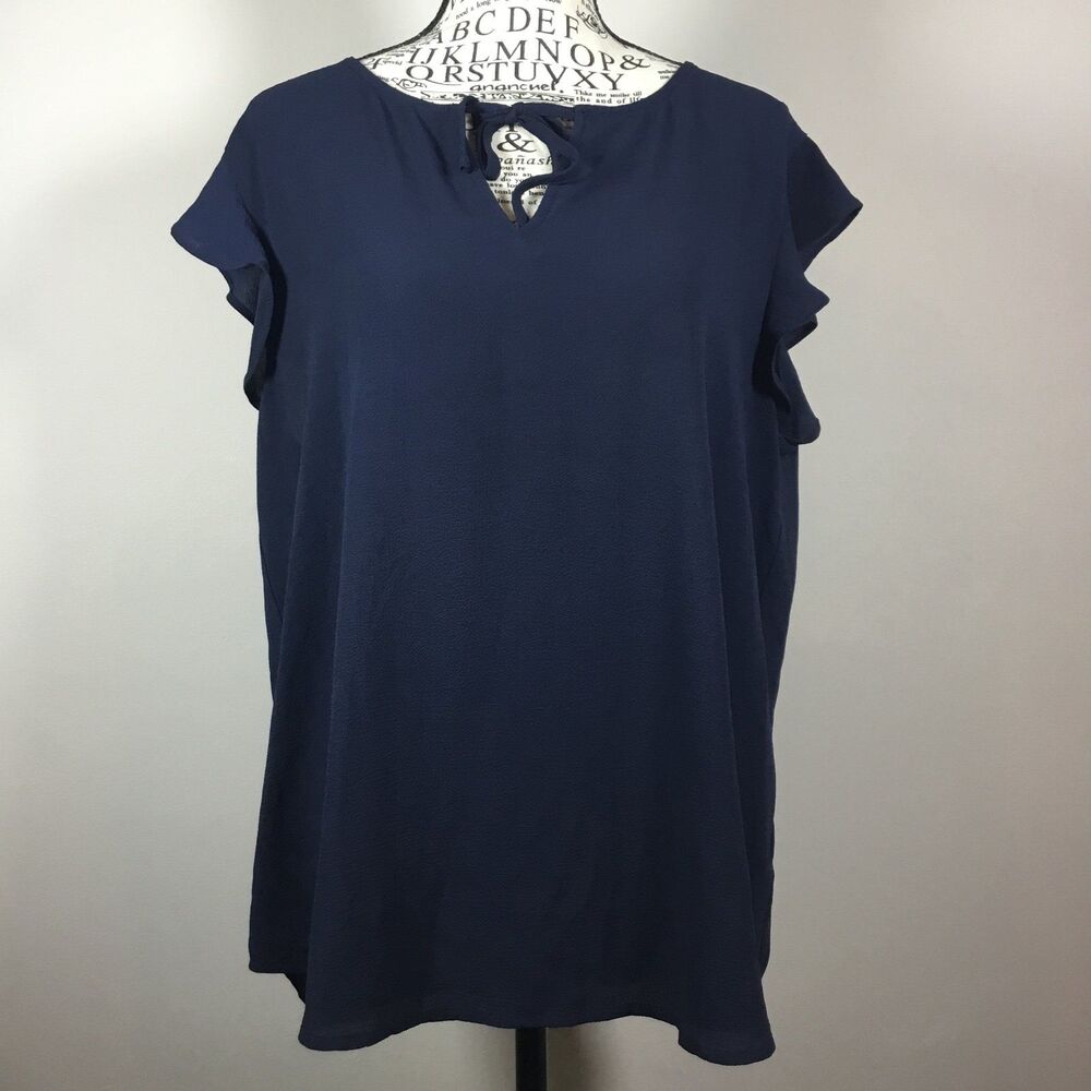 Dark blue slightly sheer tie keyhole front top ruffle sleeve classic classy sz M